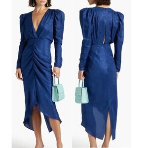 NWT Ronny Kobo Astrid Ruched Satin-Jacquard Midi Cocktail Dress Navy Women's L